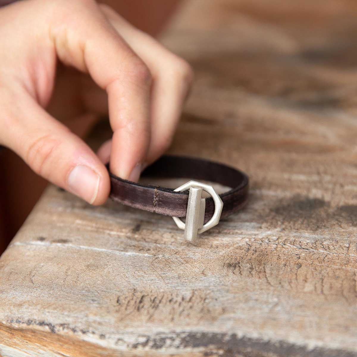 Life Forever bracelet handcrafted in water buffalo brown leather and a sterling silver toggle closure