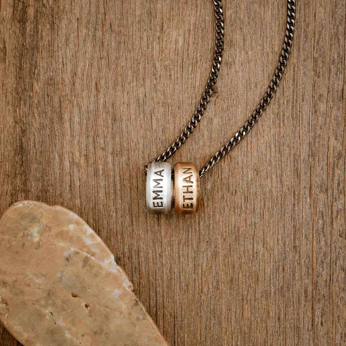 Limitless Necklace, customizable with sterling silver or bronze beads, personalized with names, dates, or words