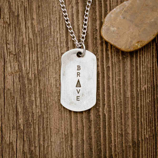 A Live Brave Dog Tag Necklace handcrafted in pewter