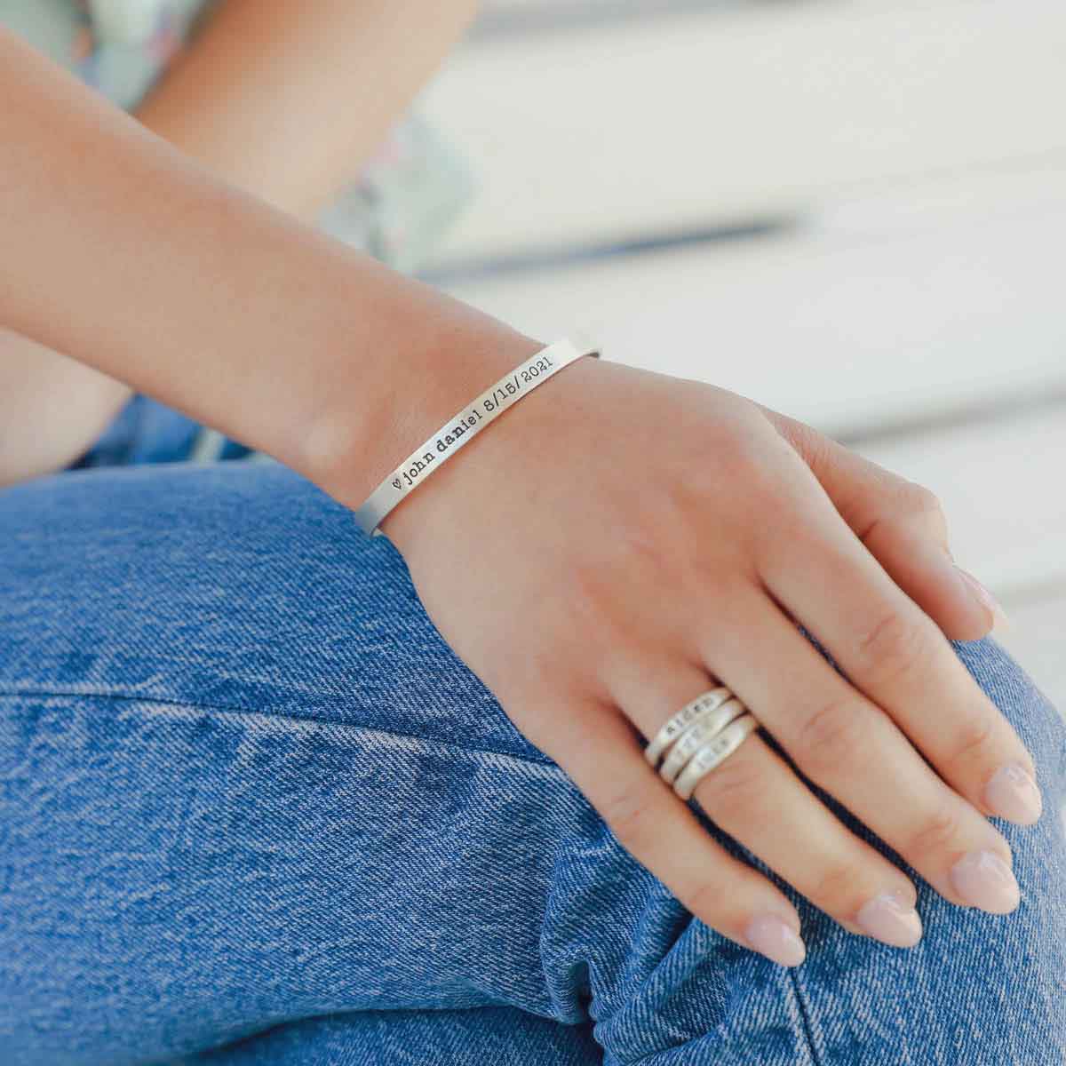 personalized Thin Sterling Cuff cast in Sterling Silver with a freshwater pearl