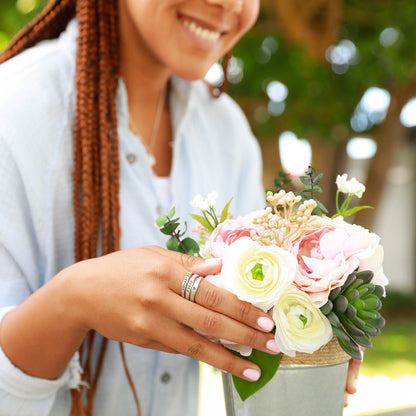 girl wearing sterling silver stackable name ring trio