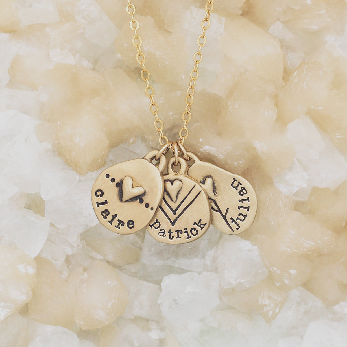 10k yellow gold personalized jumble of love necklace with 3 gold charms