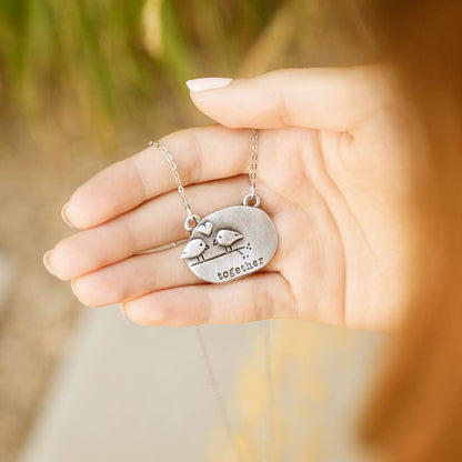 girl wearing a pewter Better Together necklace