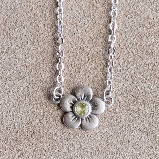 sterling silver birthstone bloom necklace with two flower charms containing 2mm genuine birthstones