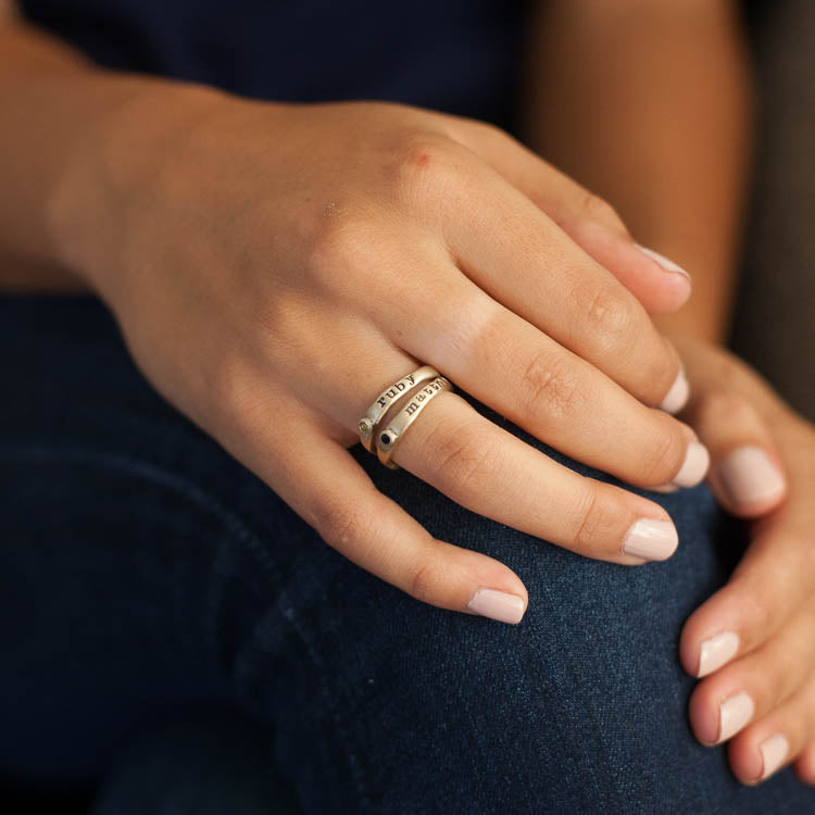 Personalized passage ring handcrafted in 10k yellow gold with your choice of birthstone 