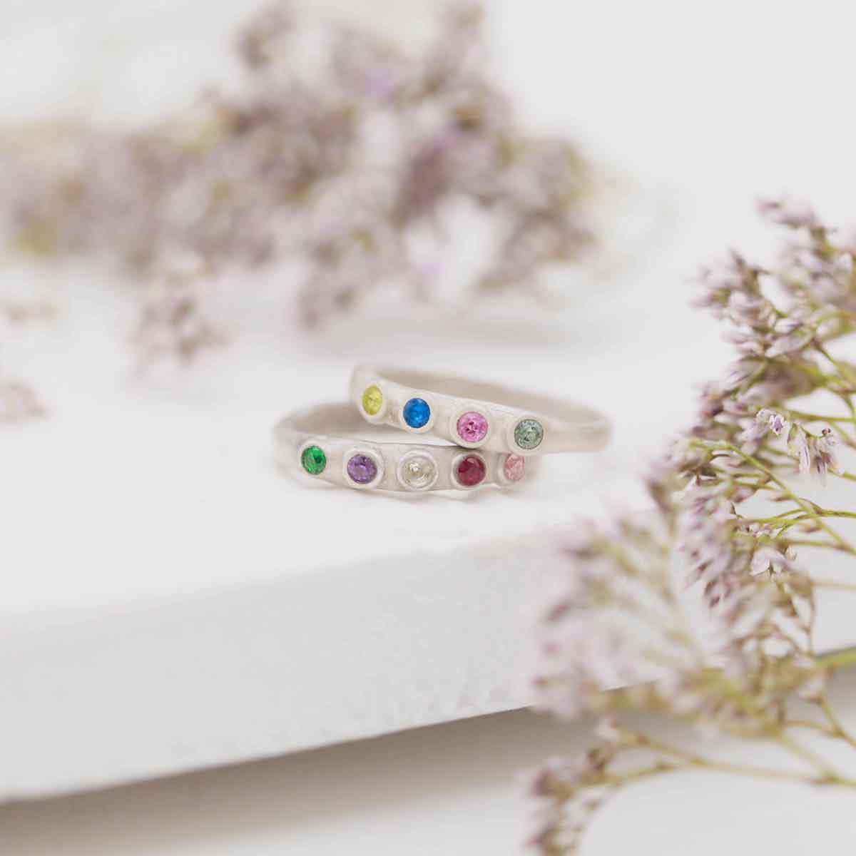 Handcrafted sterling silver mother's ring with customizable genuine birthstones