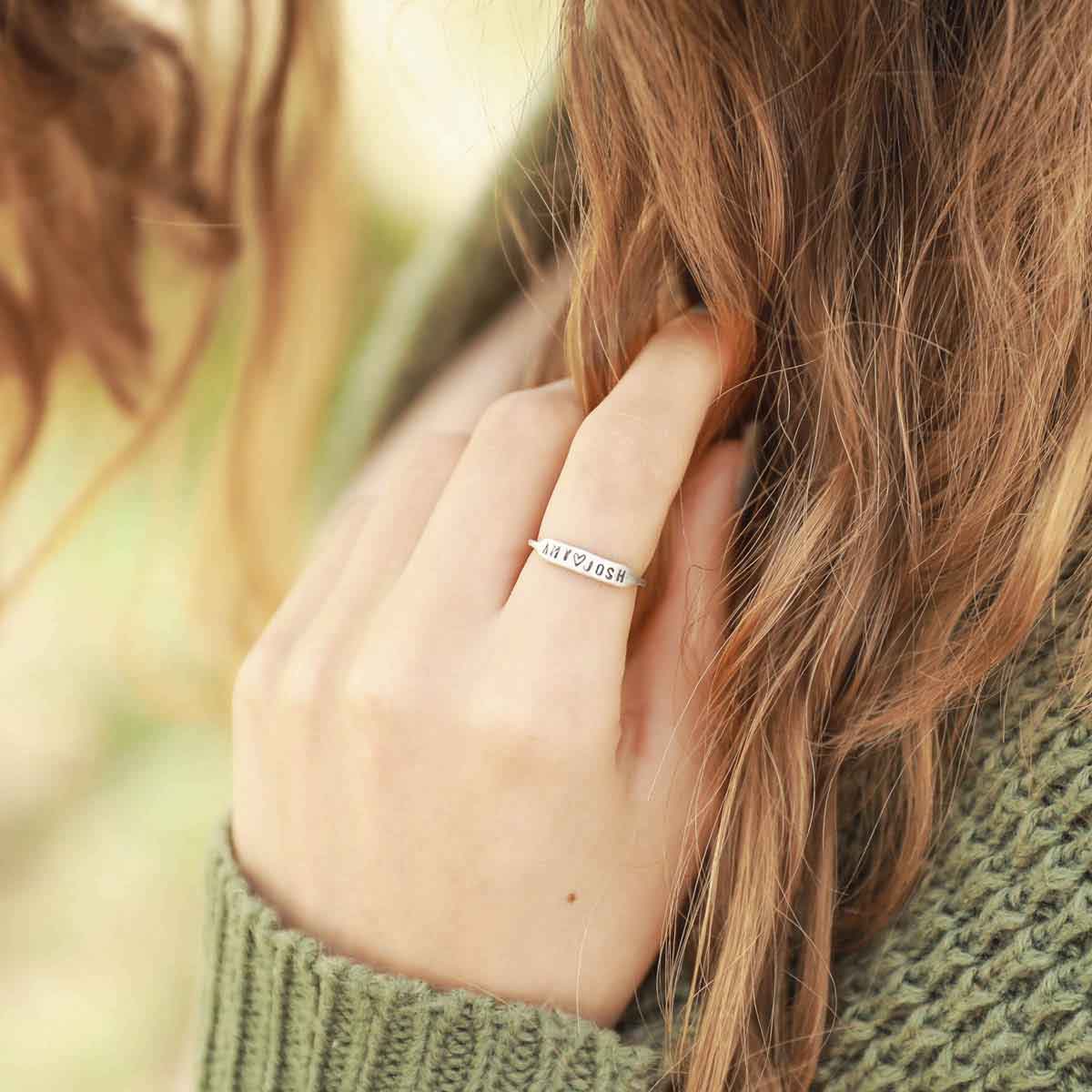 girl wearing personalized sterling silver Nameplate Stacking Ring