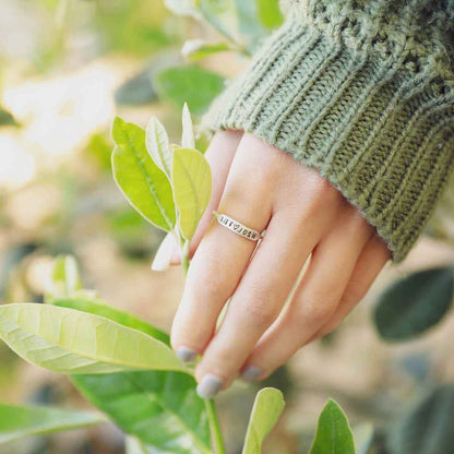 girl wearing personalized sterling silver Nameplate Stacking Ring