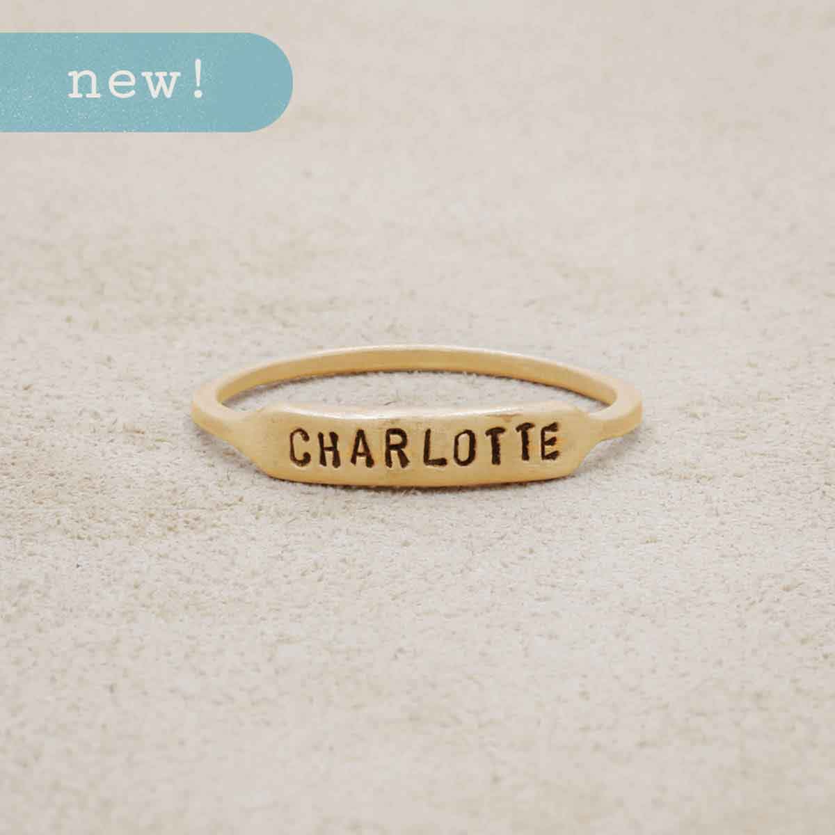 mom wearing 14k yellow gold personalized Nameplate Stacking Ring