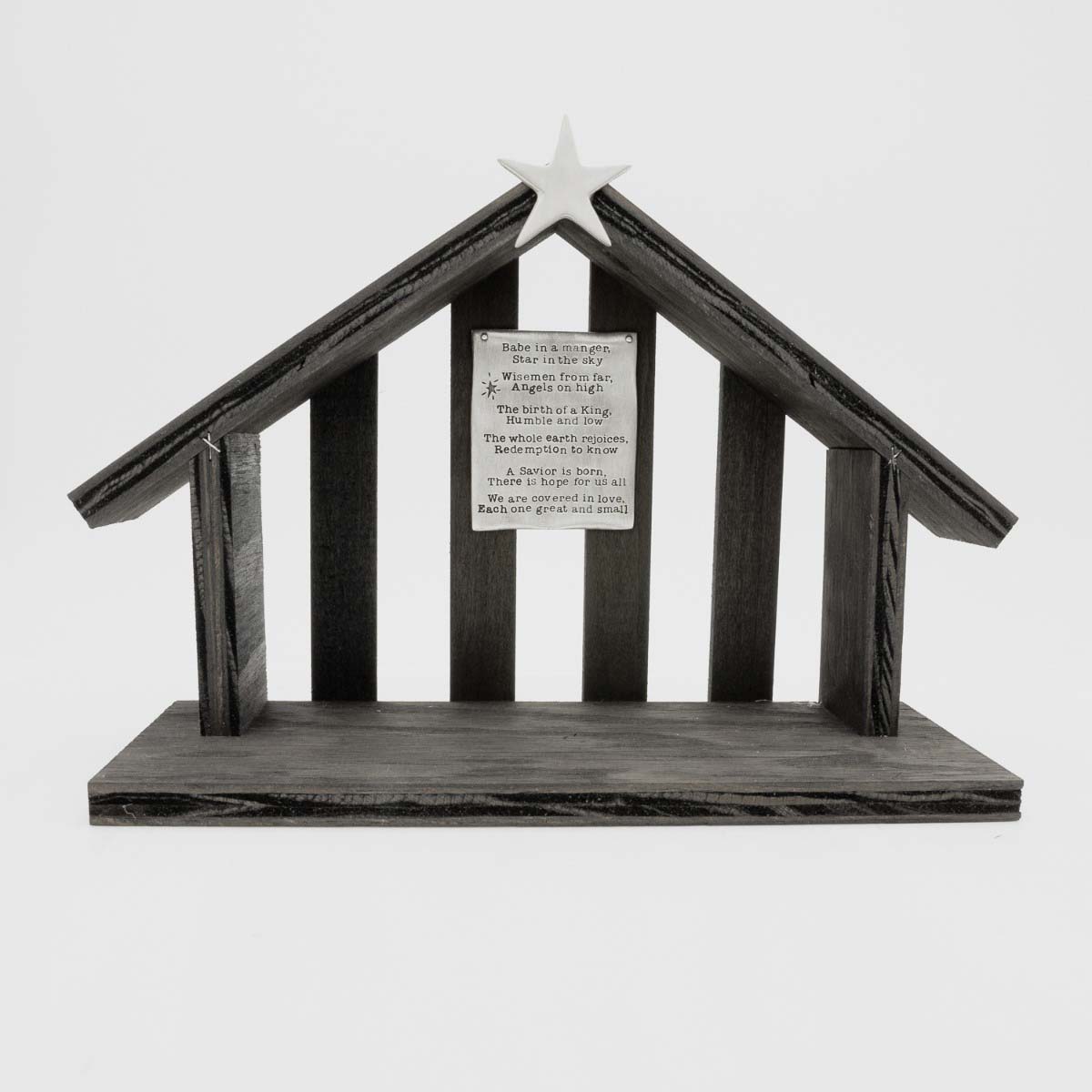 handcrafted wooden nativity stable  that includes a pewter star and a hand-stamped poem