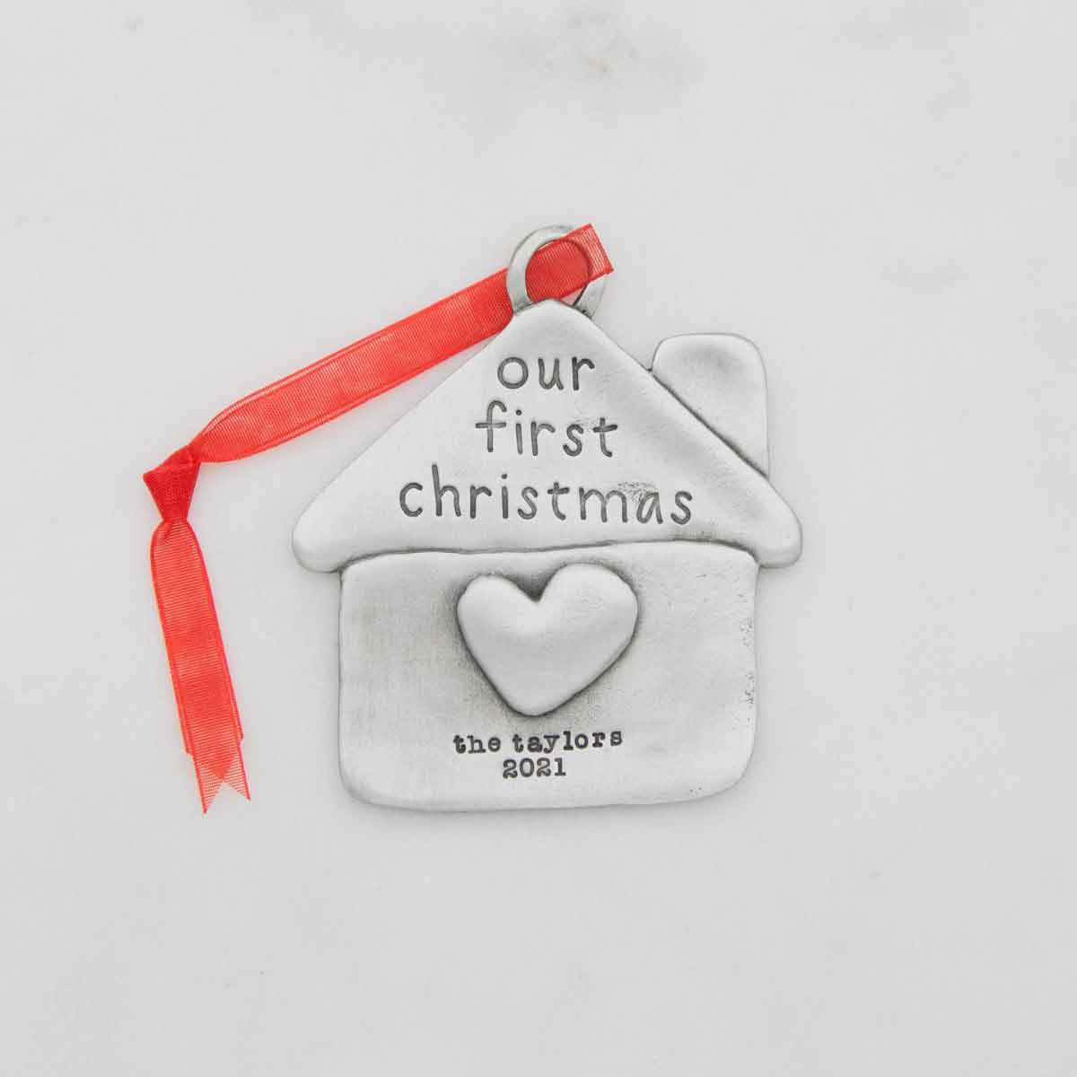 our first Christmas ornament hand-molded and cast in fine pewter and personalized with up to 2 lines of a meaningful message