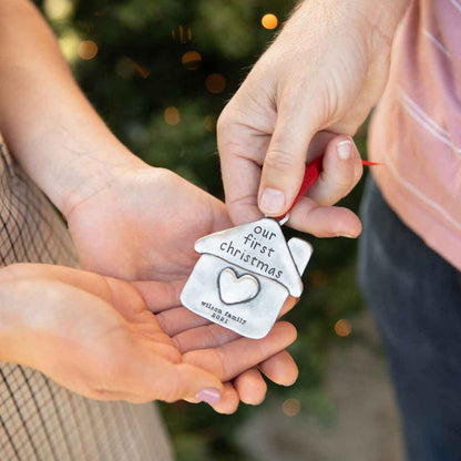 our first Christmas ornament hand-molded and cast in fine pewter and personalized with up to 2 lines of a meaningful message