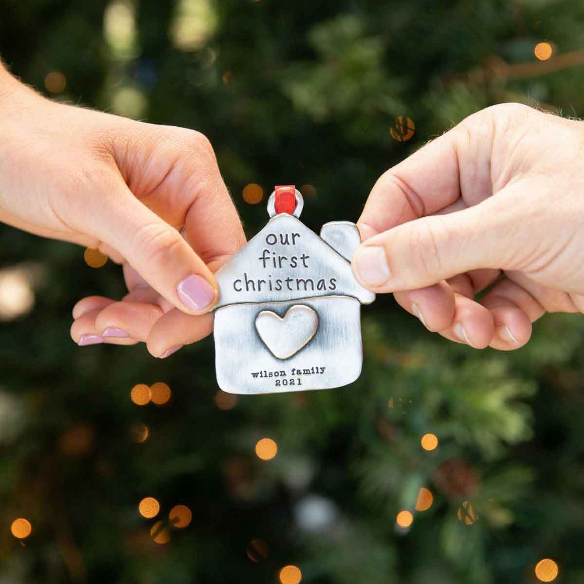 our first Christmas ornament hand-molded and cast in fine pewter and personalized with up to 2 lines of a meaningful message