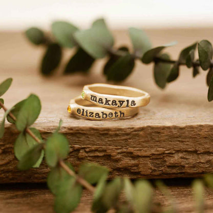 Personalized passage ring handcrafted in 10k yellow gold with your choice of birthstone 