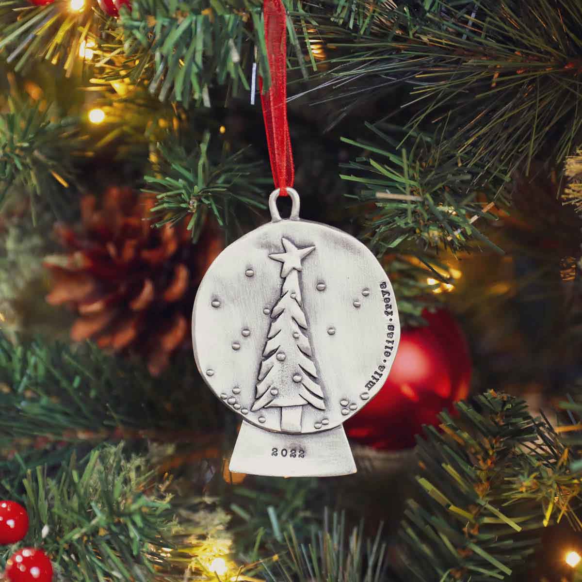 snow globe Christmas tree ornament hand-molded and cast in fine pewter and customizable with a meaningful name