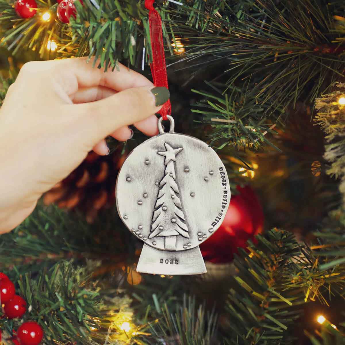 snow globe Christmas tree ornament hand-molded and cast in fine pewter and customizable with a meaningful name