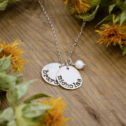 sterling silver petite mother's necklace with personalized charms and freshwater pearl