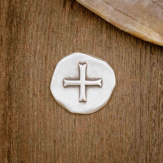 Roman Cross Pocket coin handcrafted in sterling silver and customizable on the back with up to 4 lines