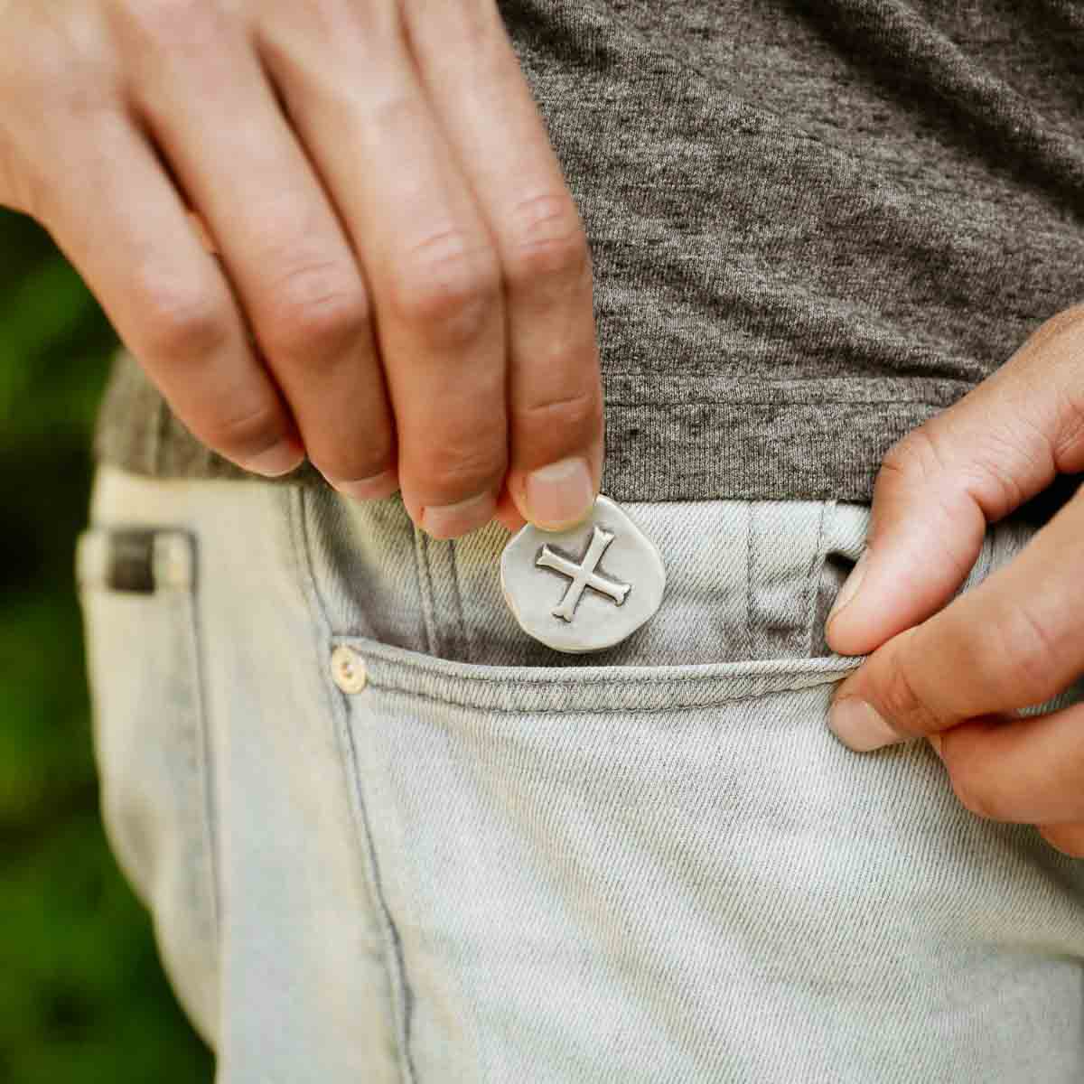 Roman Cross Pocket coin handcrafted in sterling silver and customizable on the back with up to 4 lines being placed in pocket