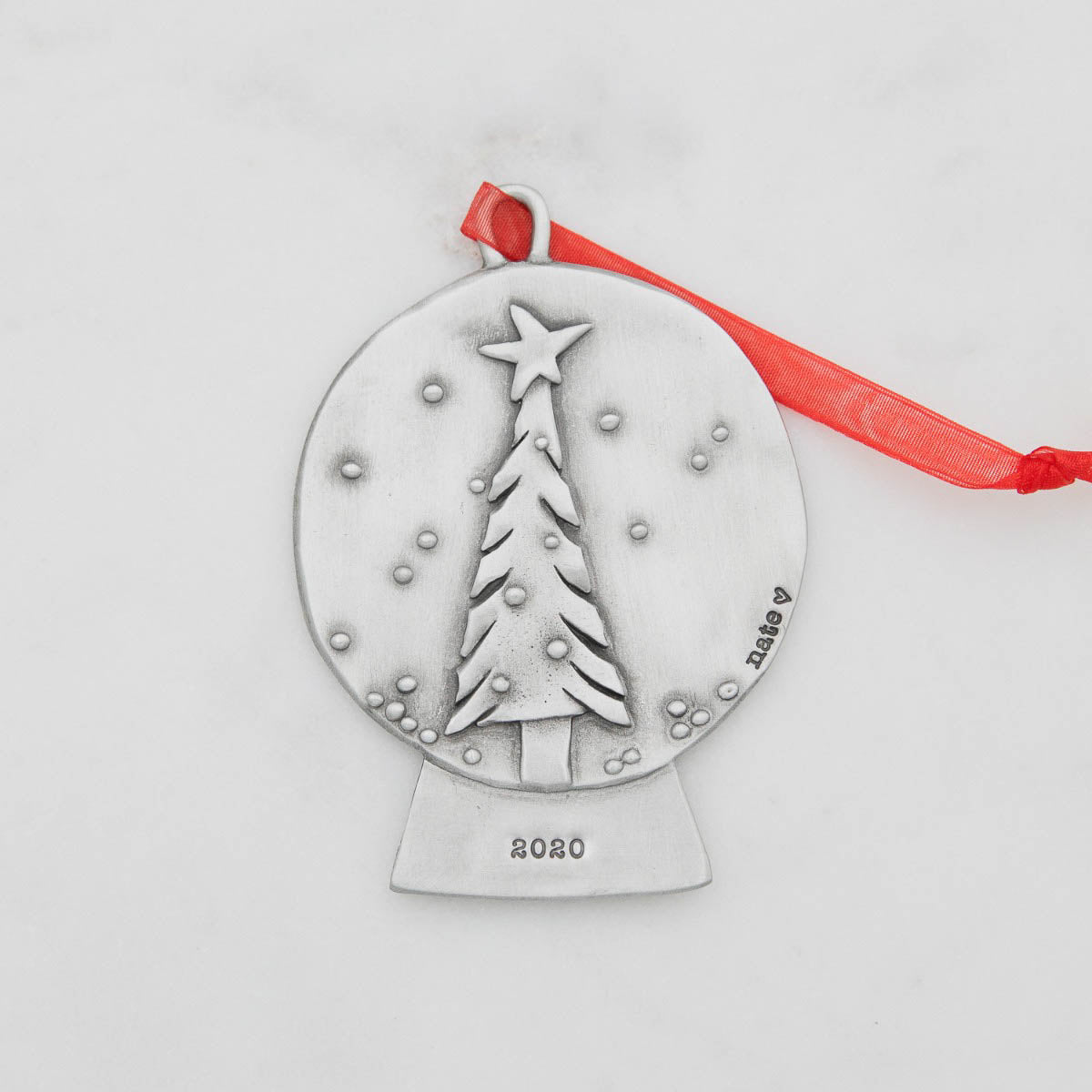 snow globe Christmas tree ornament hand-molded and cast in fine pewter and customizable with a meaningful name