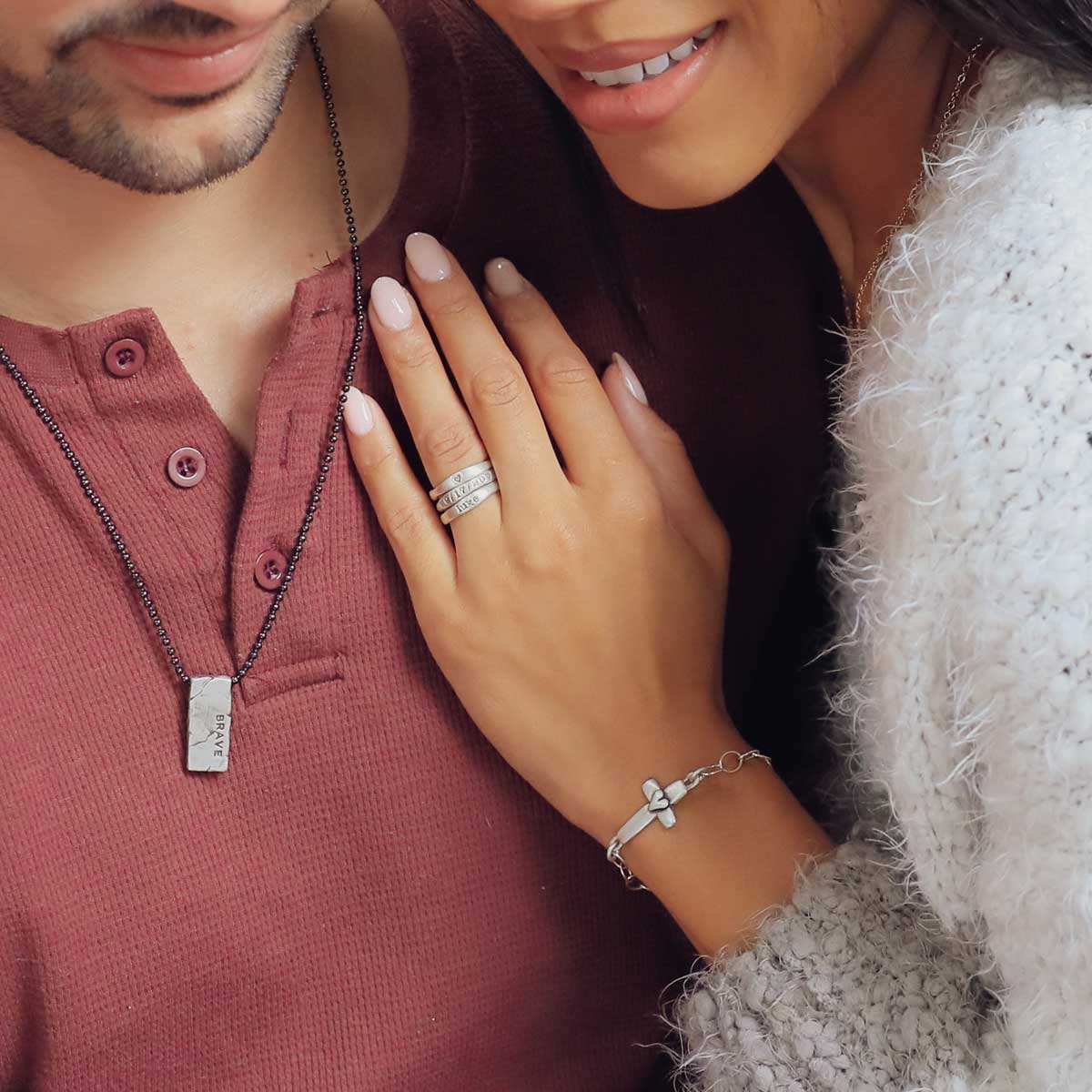 girl wearing Personalized sterling silver stackable name rings