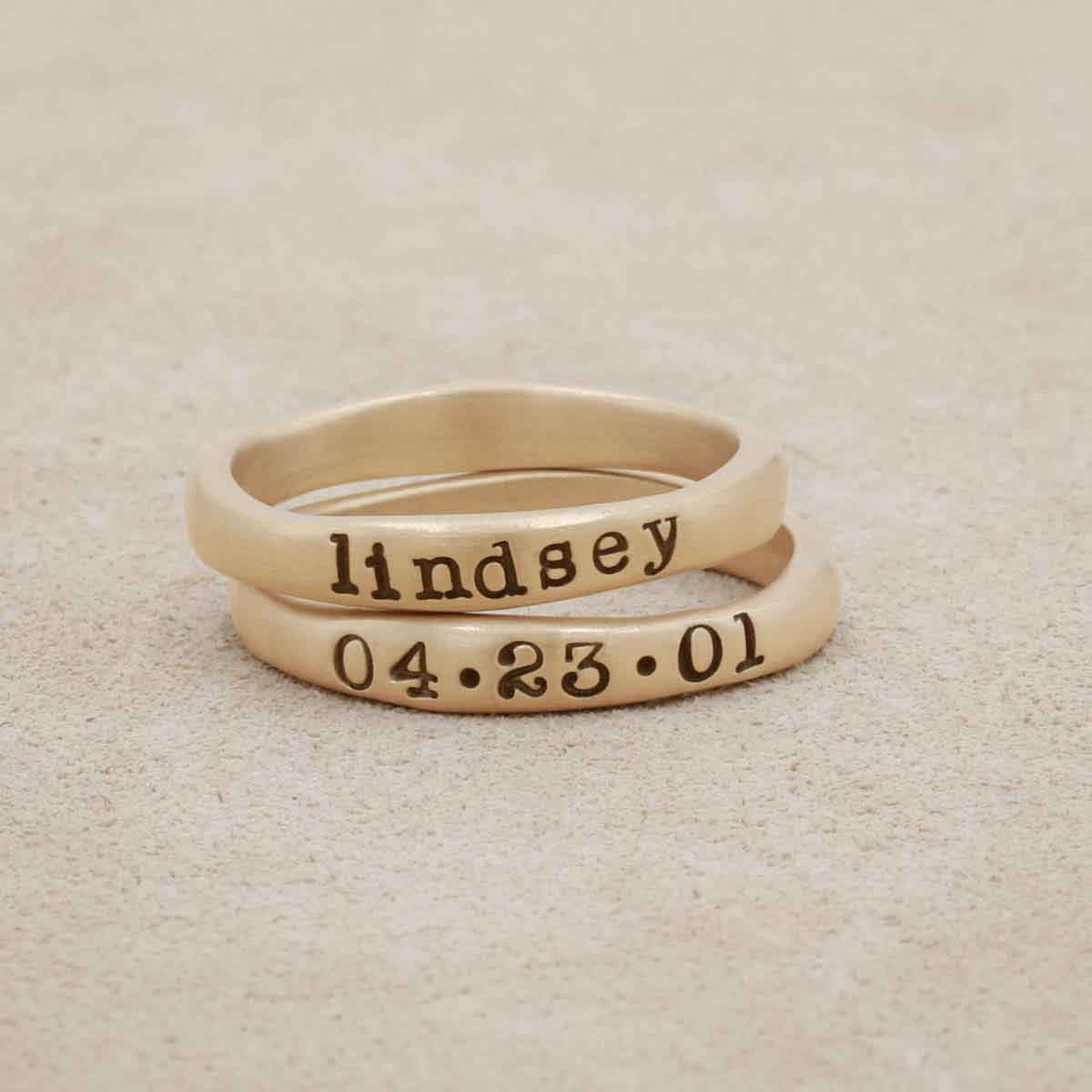 Personalized 14k yellow gold stackable name rings 