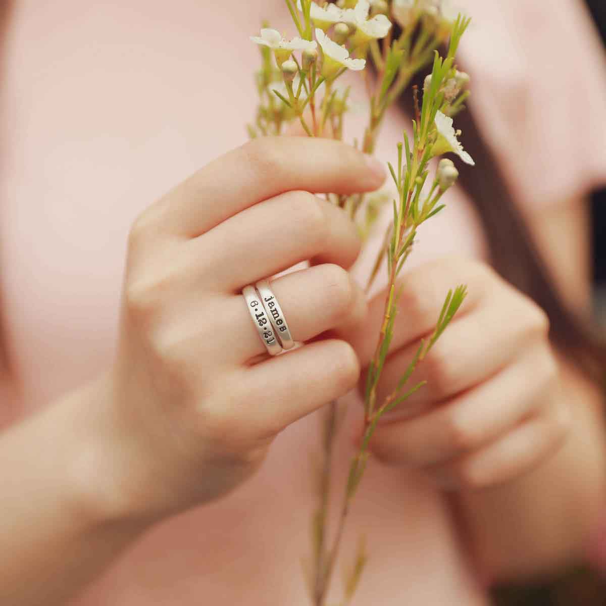 Personalized sterling silver stackable name rings