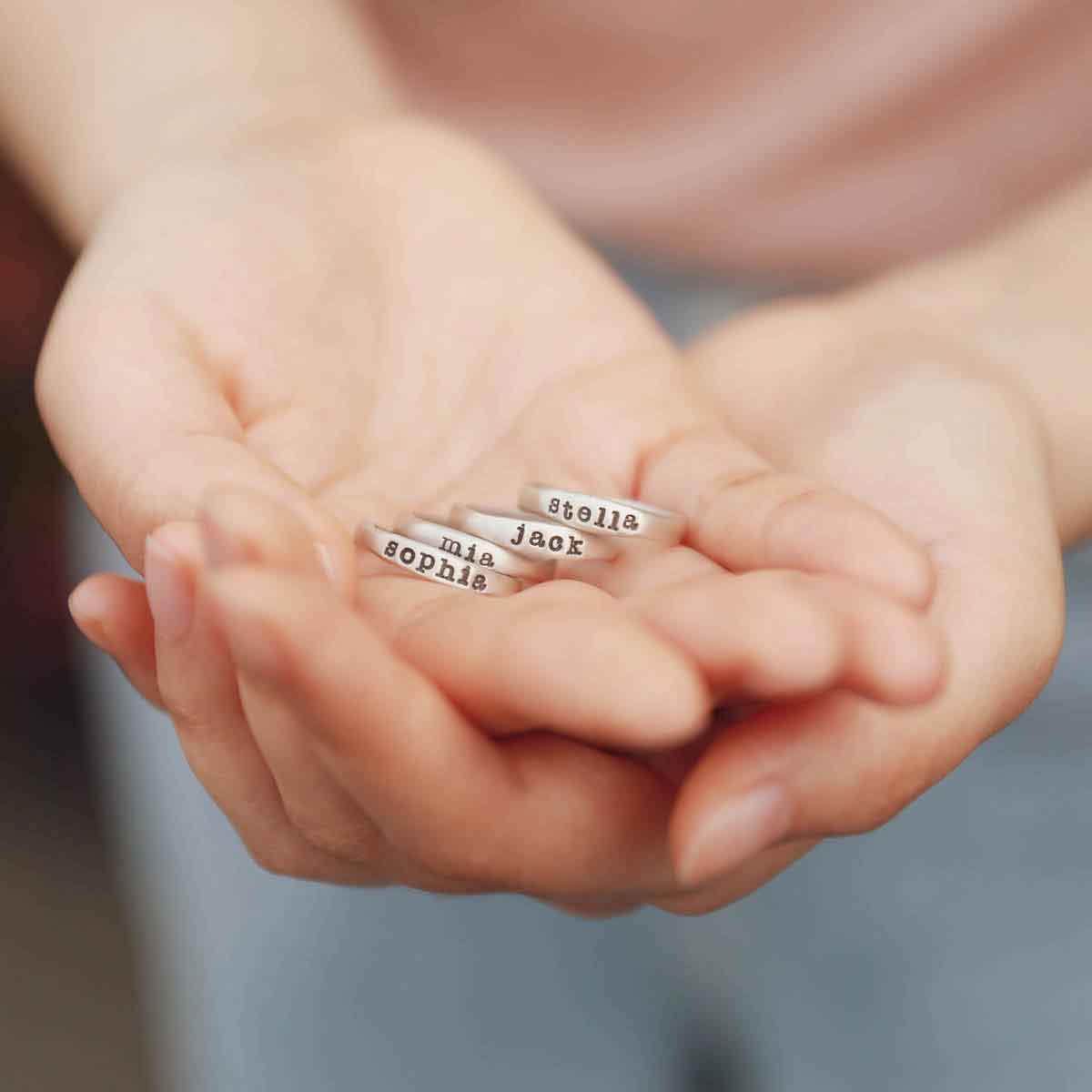 Personalized sterling silver stackable name rings