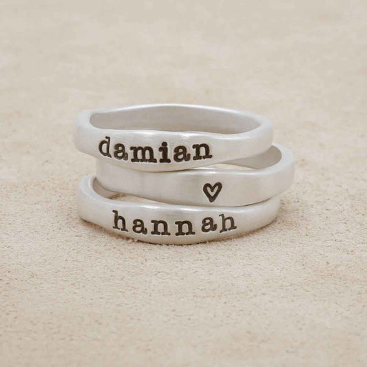 personalized sterling silver stackable name ring trio