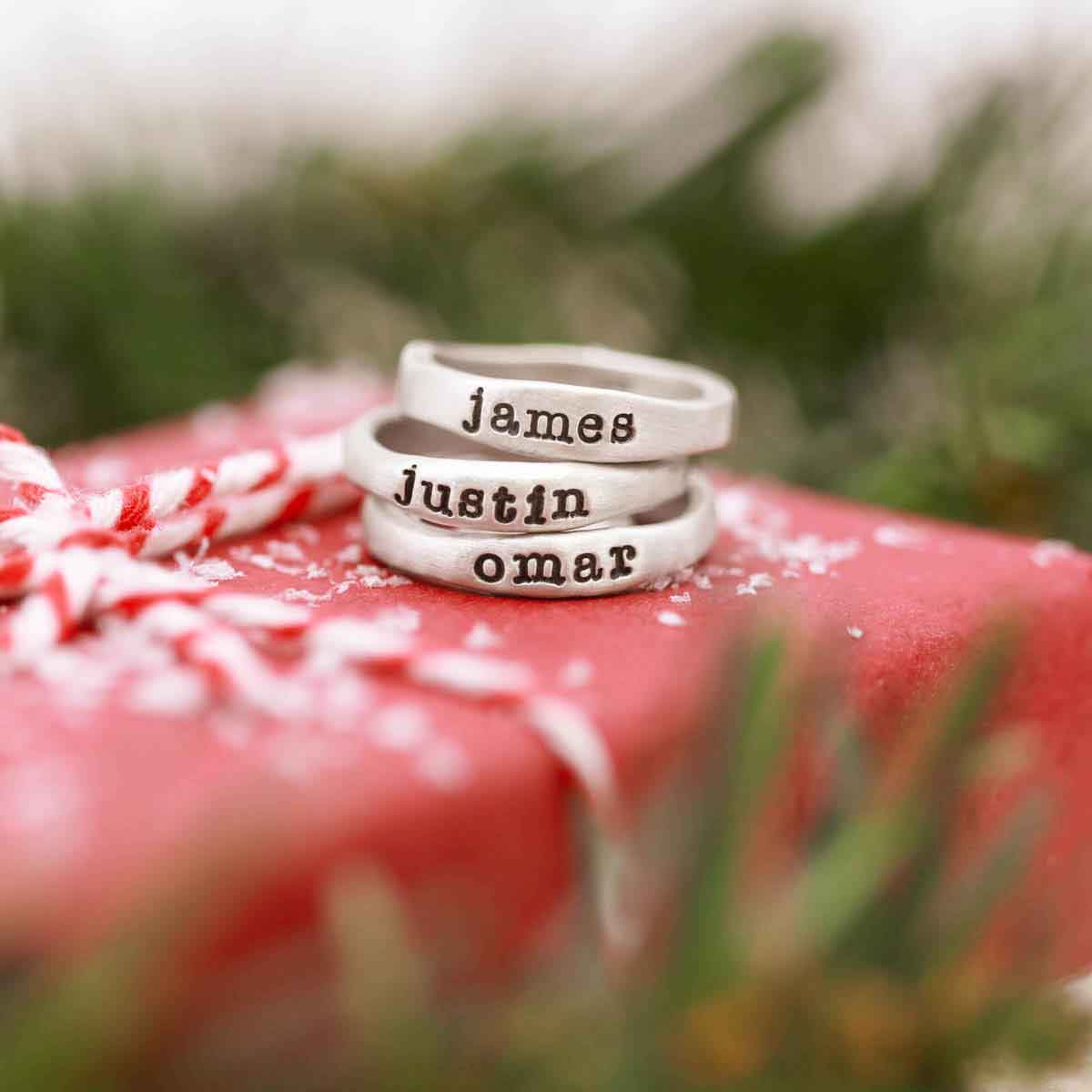 Personalized sterling silver stackable name rings