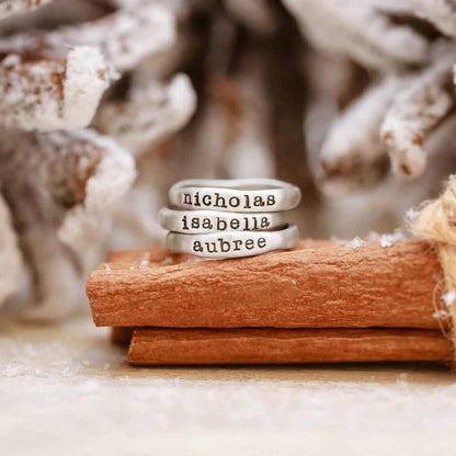 Personalized sterling silver stackable name rings