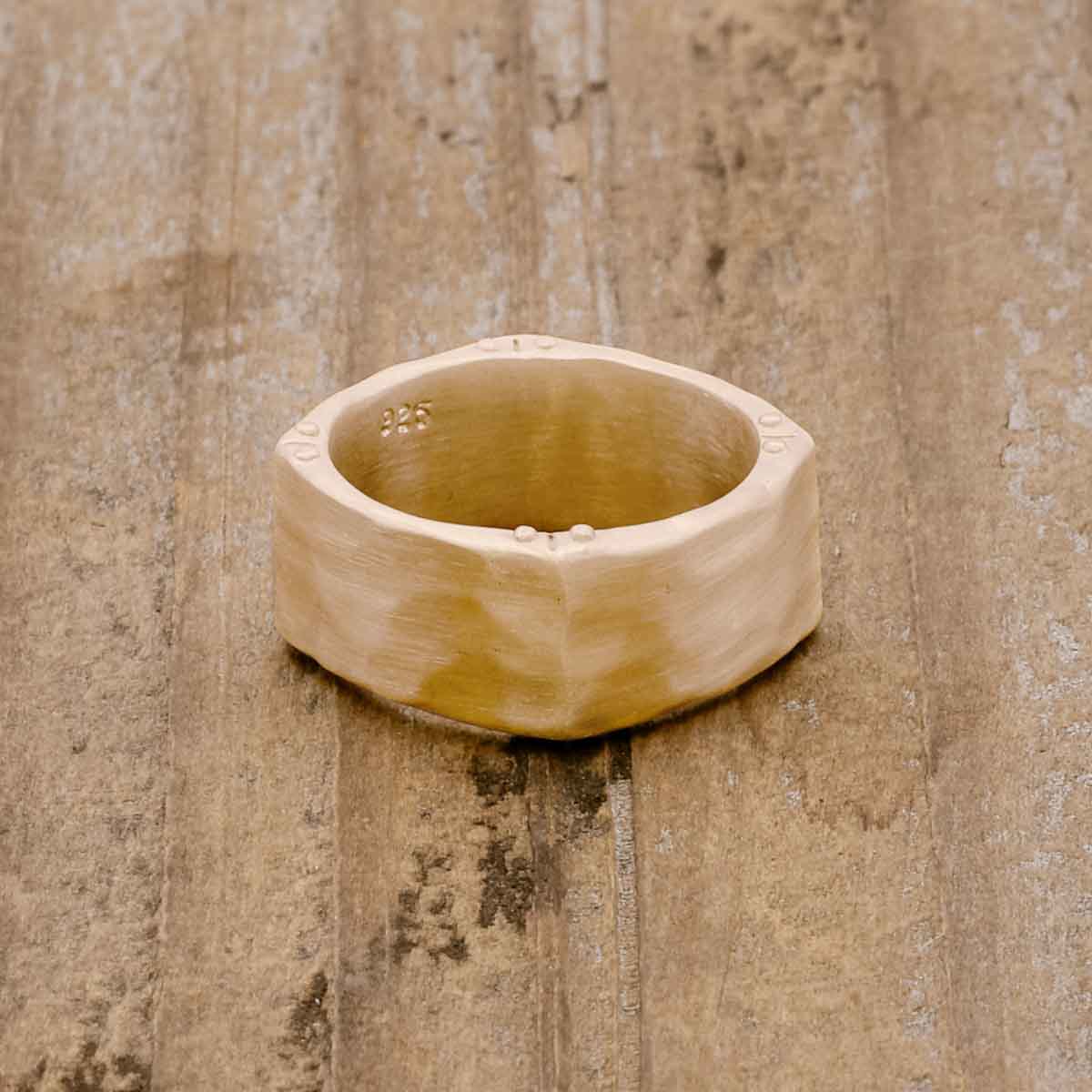 Strong + True ring handcrafted in 14k yellow gold with a hammered finish and personalized with a meaningful name, word or date