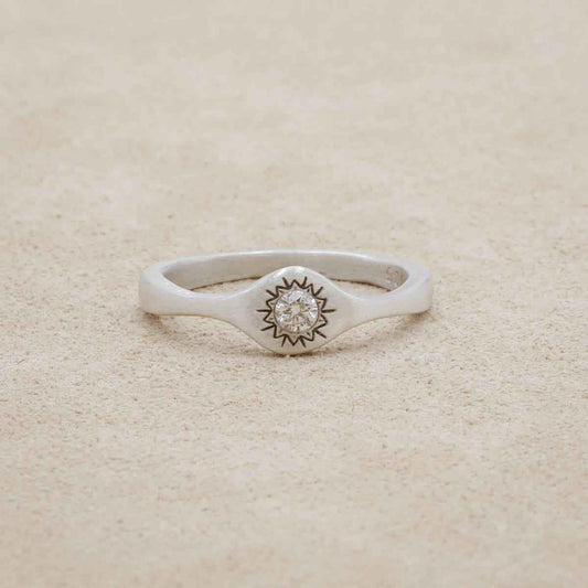 Sunburst stacking ring handcrafted in sterling silver and set with a 3mm bright genuine diamond