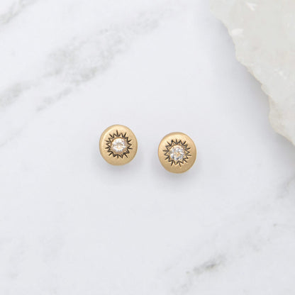 10k yellow gold sunburst stud earrings with a matte-brushed finish with 3mm crystals 