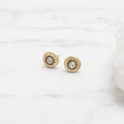 10k yellow gold sunburst stud earrings with a matte-brushed finish with 3mm crystals 