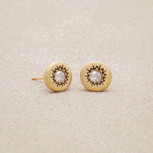 10k yellow gold sunburst stud earrings with a matte-brushed finish with 3mm crystals