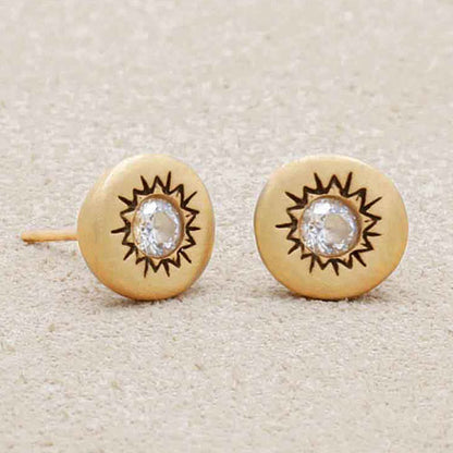 10k yellow gold sunburst stud earrings with a matte-brushed finish with 3mm crystals