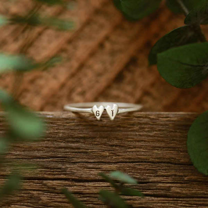 mom wearing sterling silver Sweet Love Initial Ring - Two Hearts