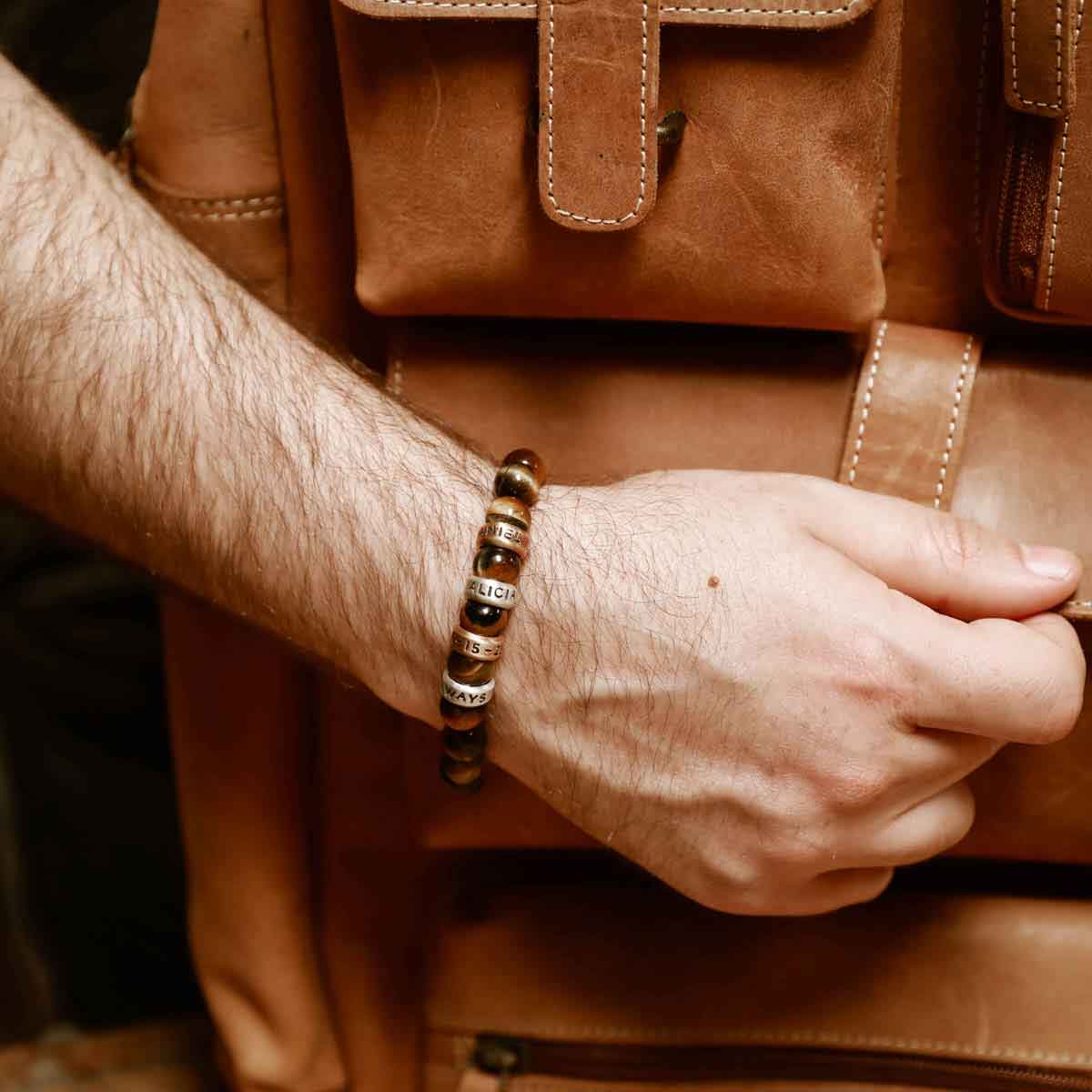 man wearing a Tiger Eye Beaded Name Bracelet