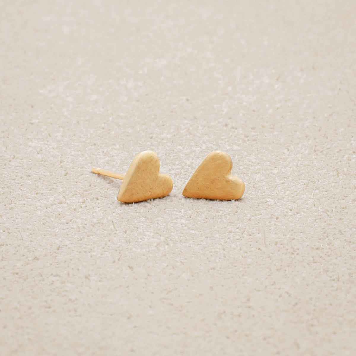 10k yellow gold tiny heart stud earrings with a matte brushed finish