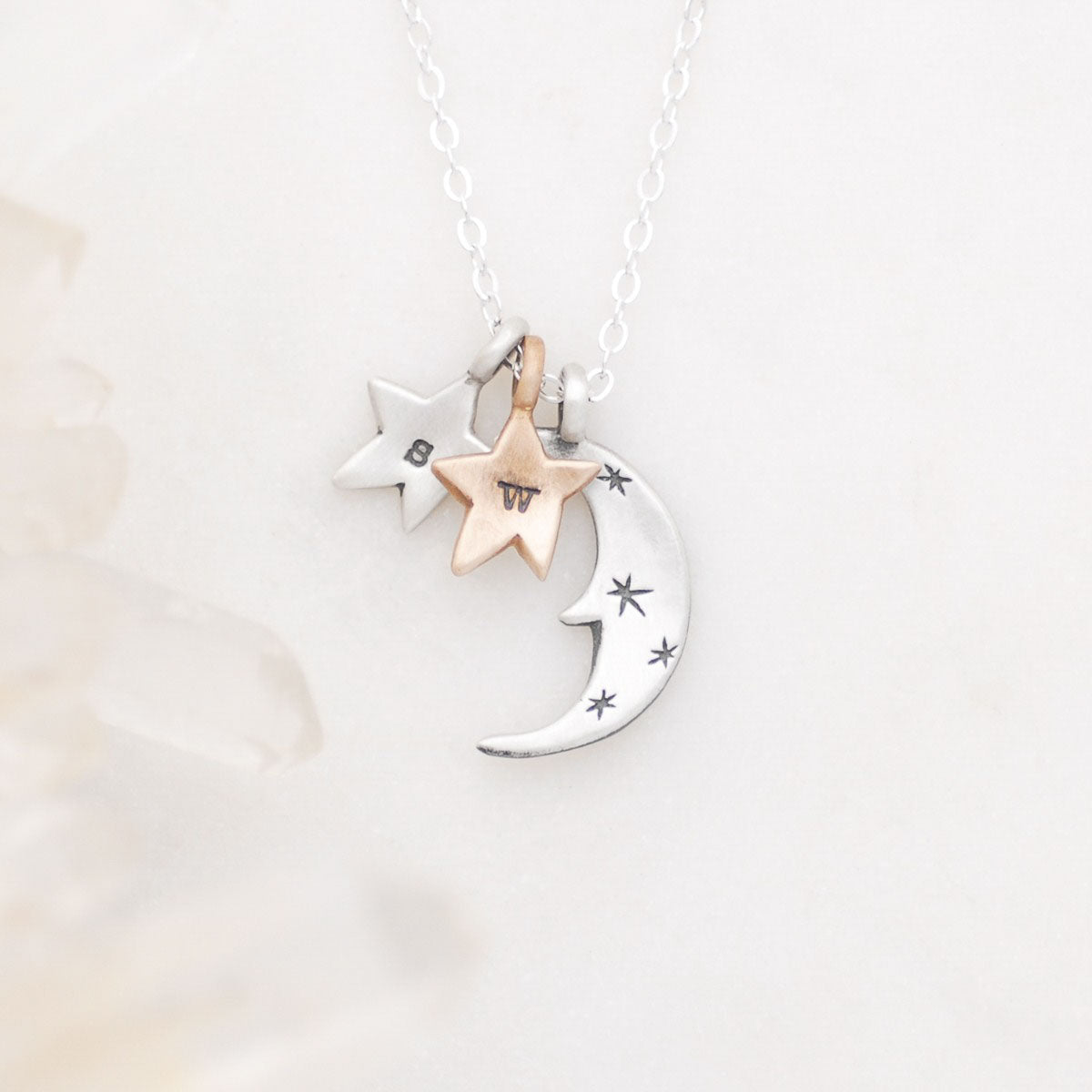 Twinkle little stars necklace with sterling silver and bronze charms personalized with initials