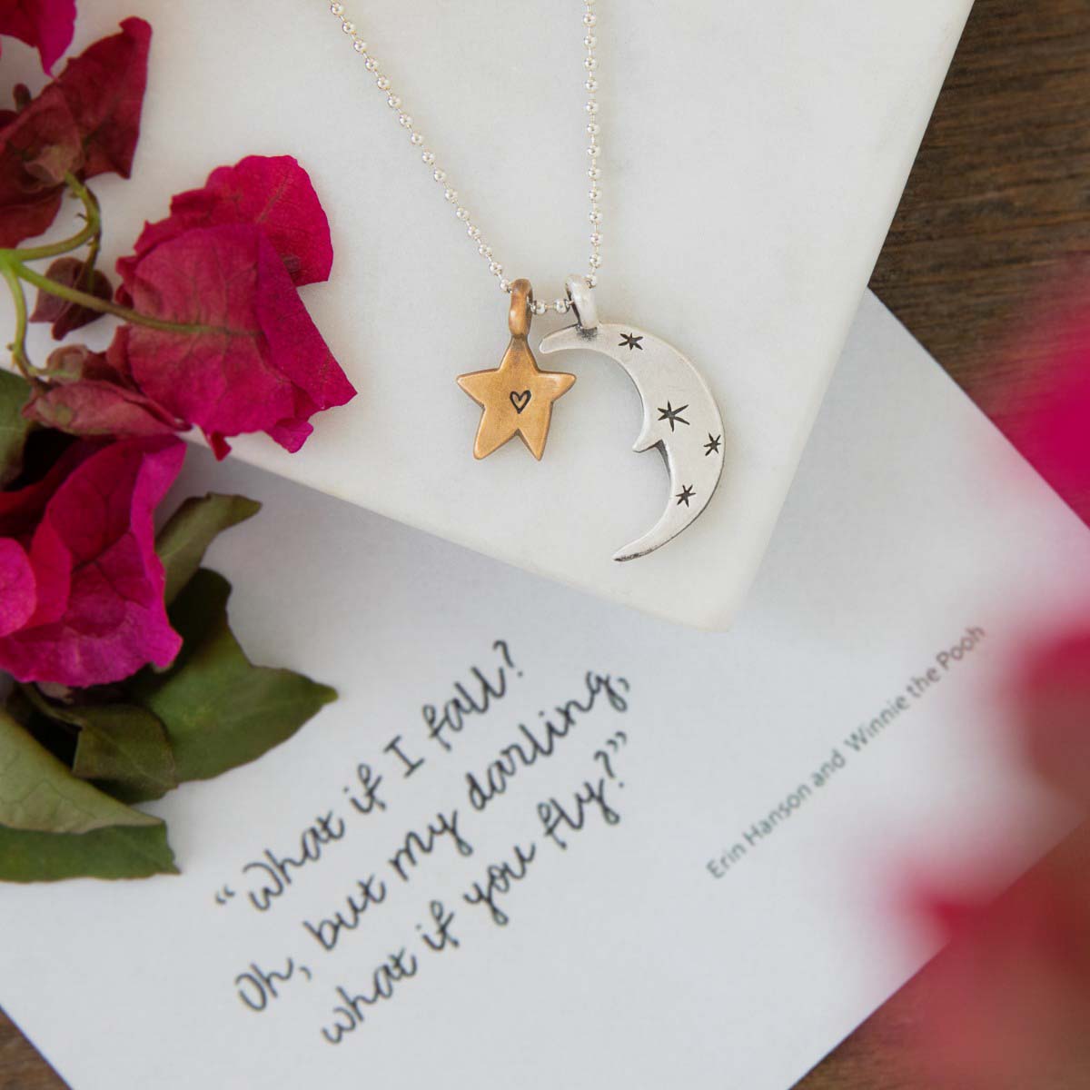 Twinkle little stars necklace with sterling silver and bronze star and moon charms personalized with initials