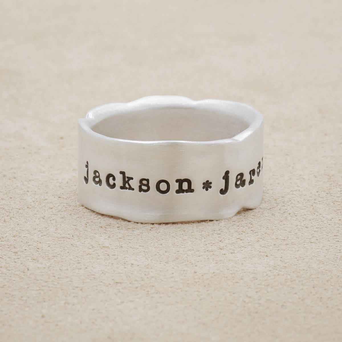 Very fine line ring handcrafted in sterling silver with a satin/antiqued finish customizable with a name, phrase or date