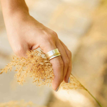 hand holding plant wearing the you have my heart spinner ring {sterling silver & 10k gold}